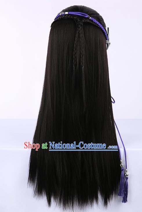 Chinese Traditional Ming Dynasty Taoist Black Wigs Ancient Swordsman Wig Sheath for Men