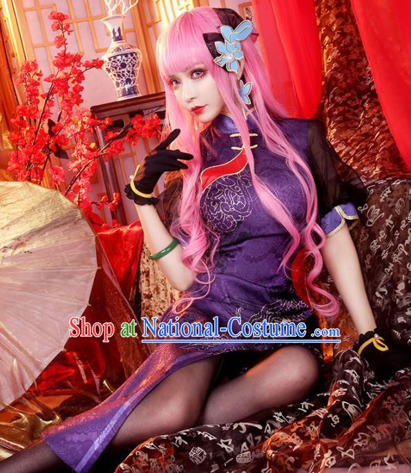 China Traditional Cosplay Purple Qipao Dress Chinese National Tang Suit Cheongsam Costumes for Women