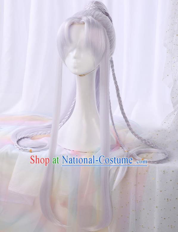 Chinese Traditional Cosplay Swordsman Light Purple Wigs Ancient Knight Wig Sheath for Men