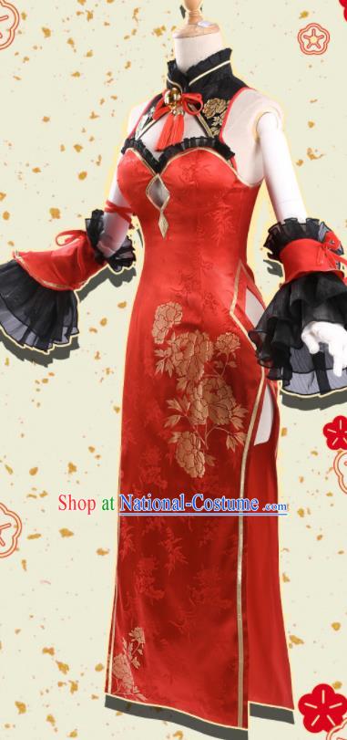 Chinese Traditional Cosplay Red Qipao Dress Ancient Swordswoman Costumes for Women