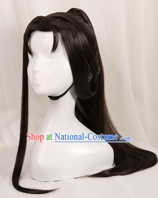 Chinese Traditional Cosplay Swordsman Black Wigs Ancient Knight Wig Sheath for Men