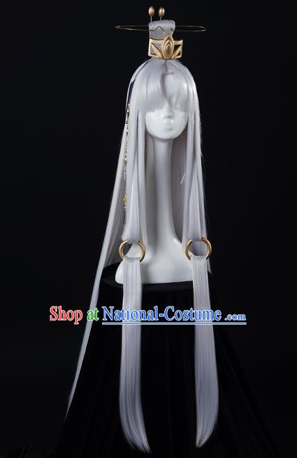 Chinese Traditional Cosplay Swordsman Prince Grey Wigs Ancient Knight Wig Sheath for Men