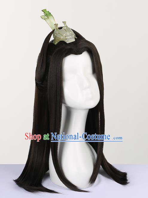 Chinese Traditional Cosplay Swordsman Black Wigs Ancient Prince Knight Wig Sheath for Men