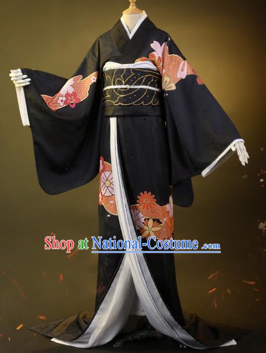 Japanese Traditional Cosplay Geisha Printing Black Kimono Dress Japan Costumes for Women