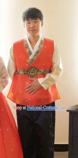 Korean Traditional Orange Vest and Black Pants Hanbok Asian Korea Bridegroom Fashion Costume for Men