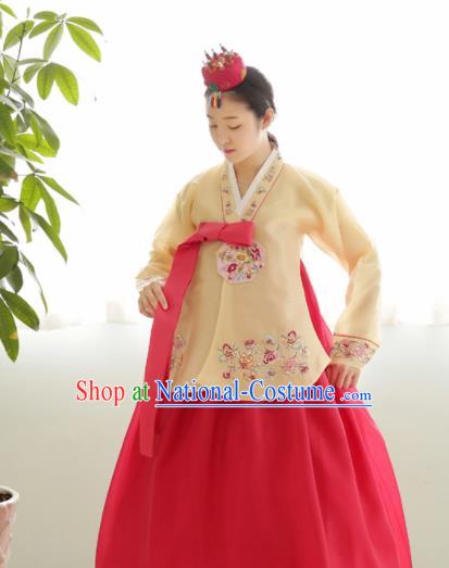 Korean Traditional Wedding Bride Hanbok Yellow Blouse and Pink Dress Garment Asian Korea Fashion Costume for Women