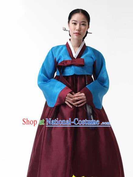 Korean Traditional Court Hanbok Blue Blouse and Purplish Red Dress Garment Asian Korea Fashion Costume for Women