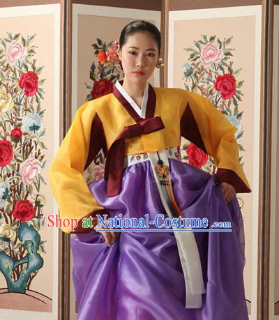 Korean Traditional Court Queen Hanbok Yellow Blouse and Purple Dress Garment Asian Korea Fashion Costume for Women