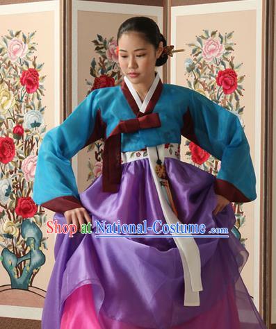 Korean Traditional Court Queen Hanbok Blue Blouse and Purple Dress Garment Asian Korea Fashion Costume for Women