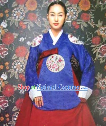 Korean Traditional Dance Hanbok Royalblue Blouse and Red Dress Garment Asian Korea Fashion Costume for Women