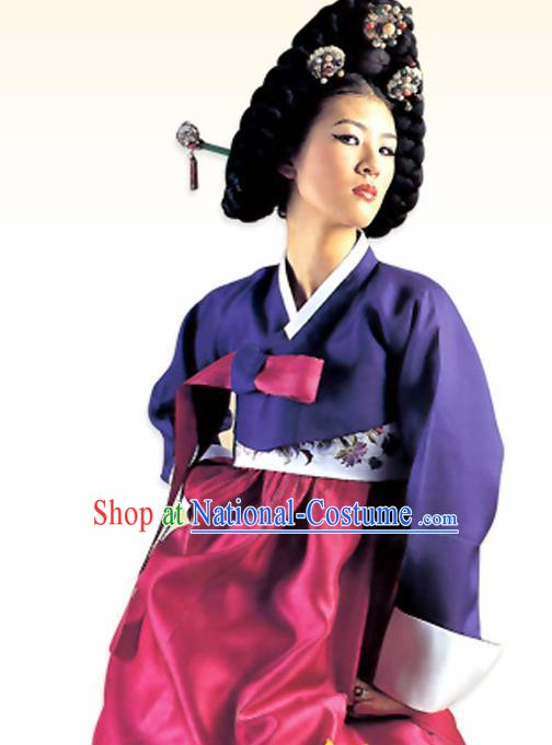 Korean Traditional Dance Hanbok Purple Blouse and Rosy Dress Garment Asian Korea Fashion Costume for Women