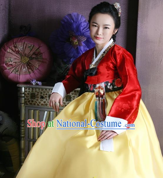 Korean Traditional Dance Hanbok Red Blouse and Yellow Dress Garment Asian Korea Fashion Costume for Women