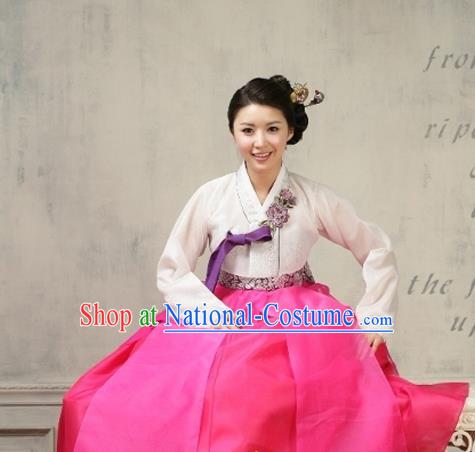 Korean Traditional Dance Hanbok White Blouse and Rosy Dress Garment Asian Korea Fashion Costume for Women