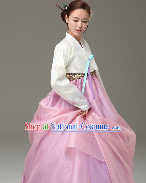 Korean Traditional Dance Hanbok White Blouse and Pink Dress Garment Asian Korea Fashion Costume for Women