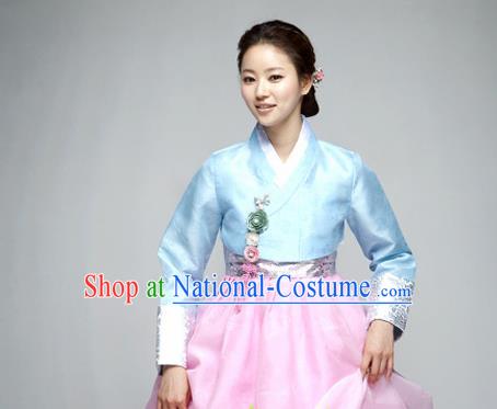 Korean Traditional Dance Hanbok Blue Blouse and Pink Dress Garment Asian Korea Fashion Costume for Women