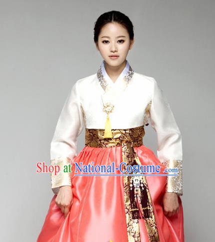 Korean Traditional Court Hanbok White Blouse and Orange Dress Garment Asian Korea Fashion Costume for Women