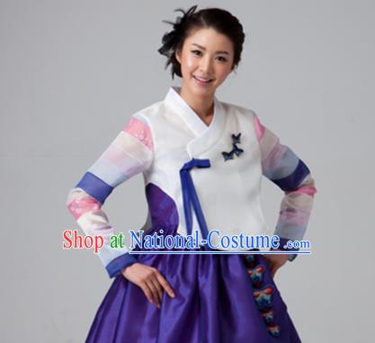 Korean Traditional Court Hanbok White Blouse and Purple Dress Garment Asian Korea Fashion Costume for Women