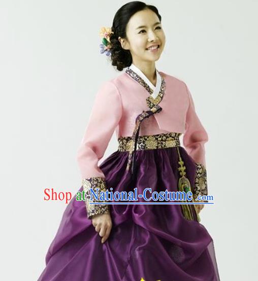 Korean Traditional Court Hanbok Pink Blouse and Purple Dress Garment Asian Korea Fashion Costume for Women