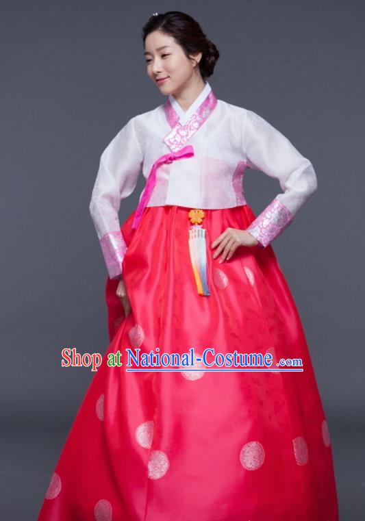 Korean Traditional Court Hanbok White Blouse and Rosy Dress Garment Asian Korea Fashion Costume for Women