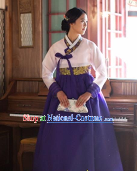 Korean Traditional Court Hanbok White Blouse and Purple Dress Garment Asian Korea Fashion Costume for Women