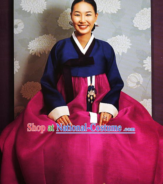 Korean Traditional Court Hanbok Navy Satin Blouse and Rosy Dress Garment Asian Korea Fashion Costume for Women