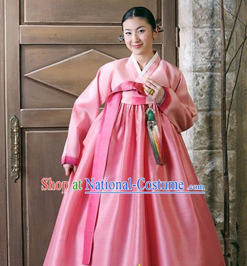 Korean Traditional Court Hanbok Pink Satin Blouse and Dress Garment Asian Korea Fashion Costume for Women