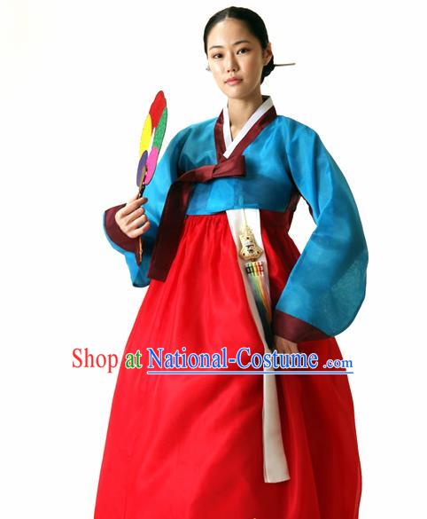 Korean Traditional Court Hanbok Blue Blouse and Red Dress Garment Asian Korea Fashion Costume for Women