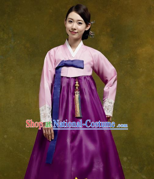 Korean Traditional Court Hanbok Pink Satin Blouse and Purple Dress Garment Asian Korea Fashion Costume for Women