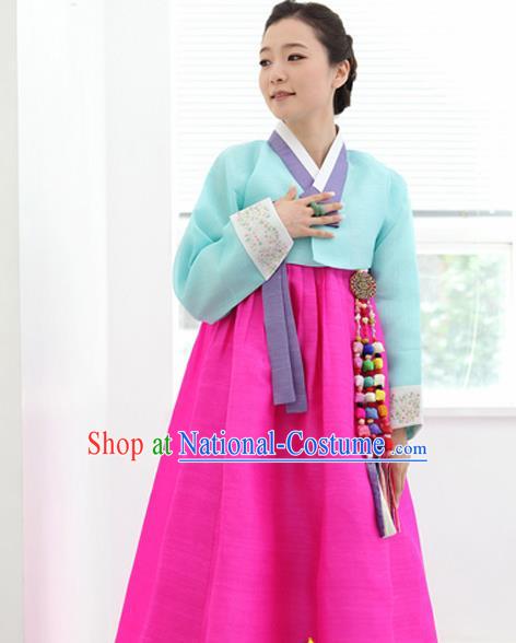 Korean Traditional Mother Hanbok Blue Blouse and Rosy Dress Garment Asian Korea Fashion Costume for Women