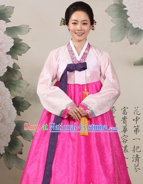 Korean Traditional Mother Hanbok Pink Blouse and Rosy Dress Garment Asian Korea Fashion Costume for Women