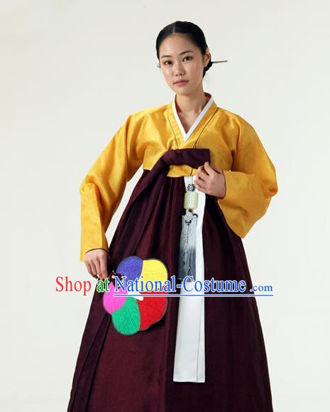 Korean Traditional Court Hanbok Yellow Blouse and Purplish Red Dress Garment Asian Korea Fashion Costume for Women