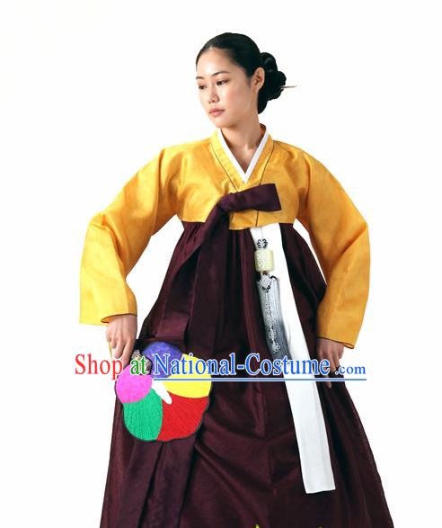 Korean Traditional Court Hanbok Yellow Blouse and Purplish Red Dress Garment Asian Korea Fashion Costume for Women