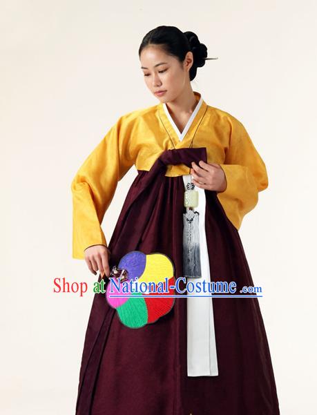 Korean Traditional Court Hanbok Yellow Blouse and Purplish Red Dress Garment Asian Korea Fashion Costume for Women