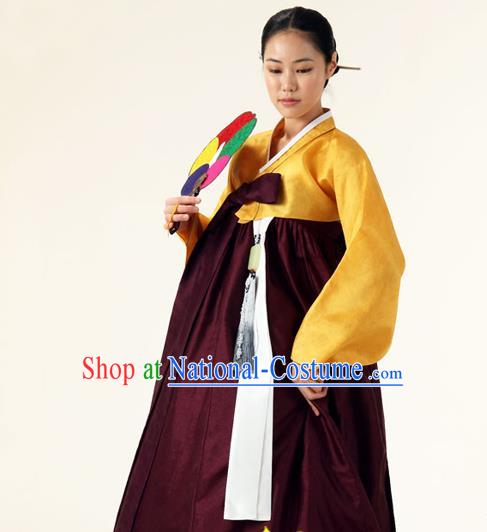 Korean Traditional Court Hanbok Yellow Blouse and Purplish Red Dress Garment Asian Korea Fashion Costume for Women