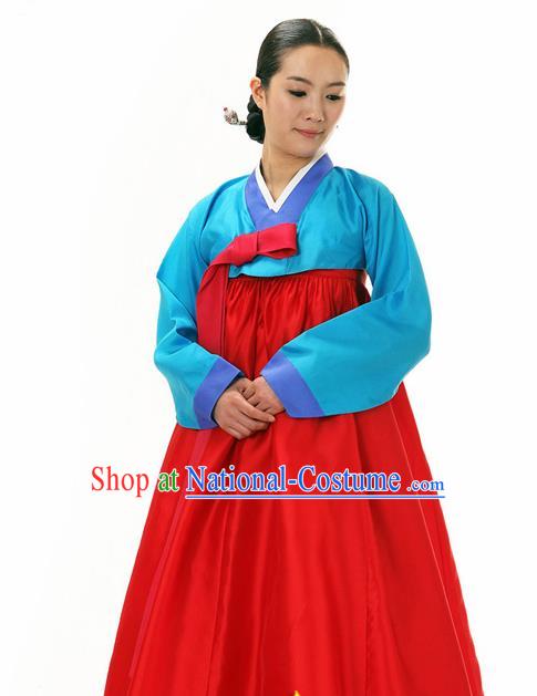 Korean Traditional Court Hanbok Blue Blouse and Red Dress Garment Asian Korea Fashion Costume for Women