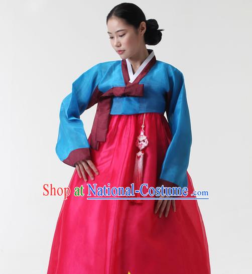 Korean Traditional Court Hanbok Blue Blouse and Rosy Dress Garment Asian Korea Fashion Costume for Women