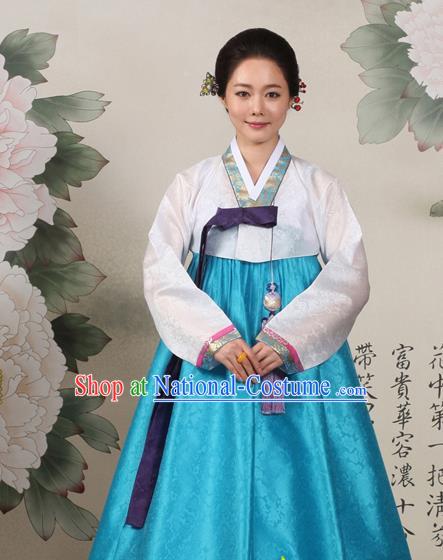 Korean Traditional Mother Hanbok White Blouse and Blue Dress Garment Asian Korea Fashion Costume for Women