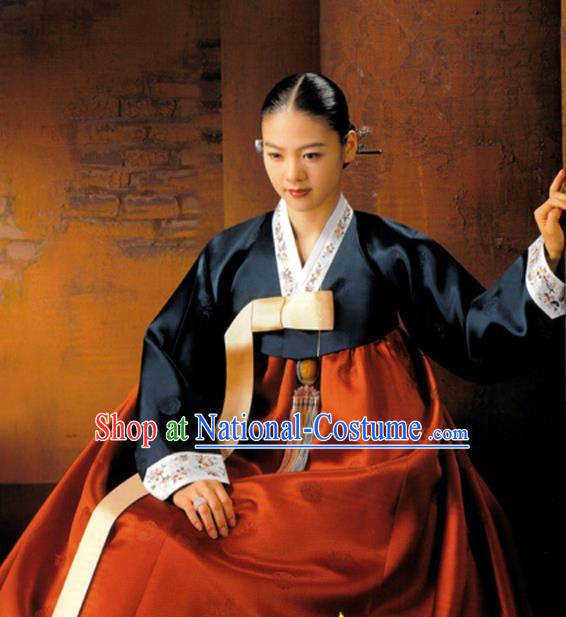 Korean Traditional Hanbok Court Navy Blouse and Red Dress Garment Asian Korea Fashion Costume for Women