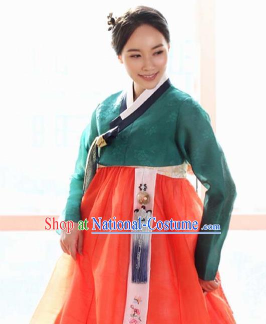 Korean Traditional Hanbok Green Blouse and Orange Dress Garment Asian Korea Fashion Costume for Women