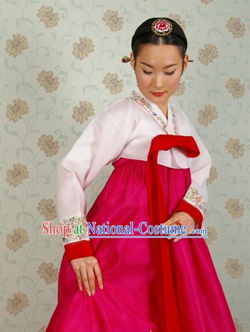 Korean Traditional Hanbok White Blouse and Rosy Dress Garment Asian Korea Fashion Costume for Women