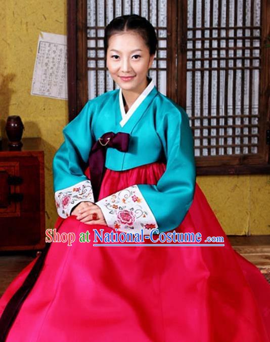 Korean Traditional Hanbok Blue Blouse and Rosy Dress Garment Asian Korea Fashion Costume for Women