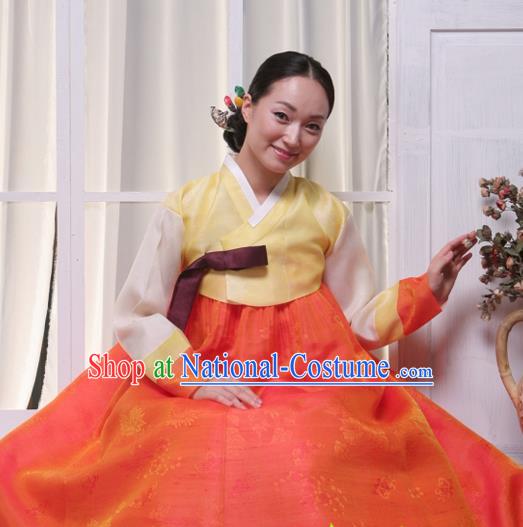 Korean Traditional Hanbok Yellow Blouse and Orange Dress Garment Asian Korea Fashion Costume for Women