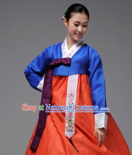 Korean Traditional Hanbok Blue Blouse and Orange Dress Garment Asian Korea Fashion Costume for Women