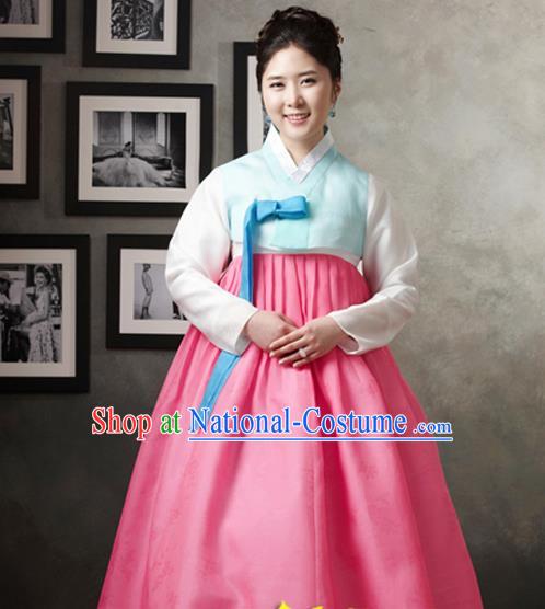 Korean Traditional Hanbok Light Blue Blouse and Pink Dress Garment Asian Korea Fashion Costume for Women