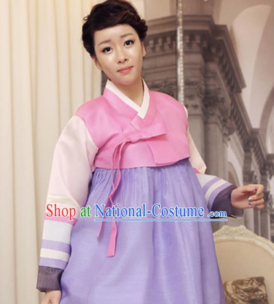 Korean Traditional Hanbok Light Pink Blouse and Lilac Dress Garment Asian Korea Fashion Costume for Women