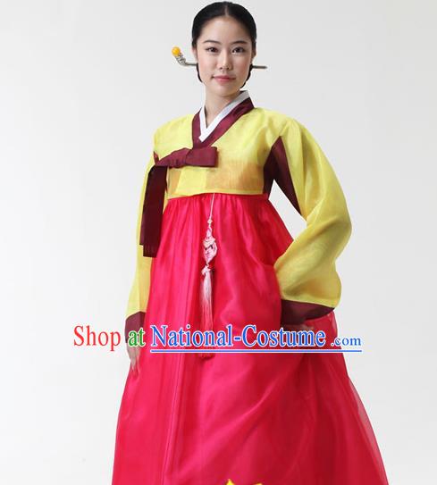 Korean Traditional Hanbok Yellow Blouse and Rosy Dress Garment Asian Korea Fashion Costume for Women