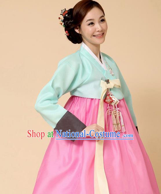 Korean Traditional Court Hanbok Blue Blouse and Pink Dress Garment Asian Korea Fashion Costume for Women