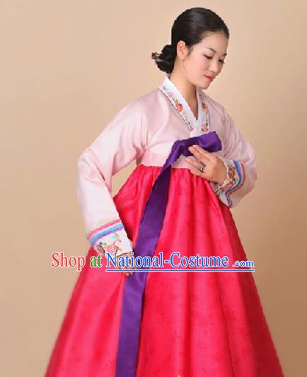 Korean Traditional Court Hanbok Pink Blouse and Red Dress Garment Asian Korea Fashion Costume for Women