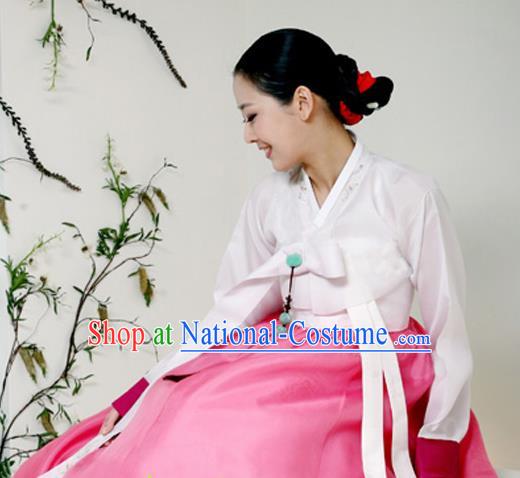 Korean Traditional Court Hanbok White Blouse and Pink Dress Garment Asian Korea Fashion Costume for Women