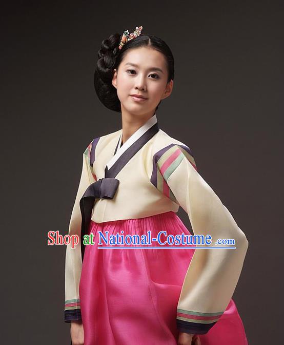 Korean Traditional Court Hanbok Beige Blouse and Pink Dress Garment Asian Korea Fashion Costume for Women